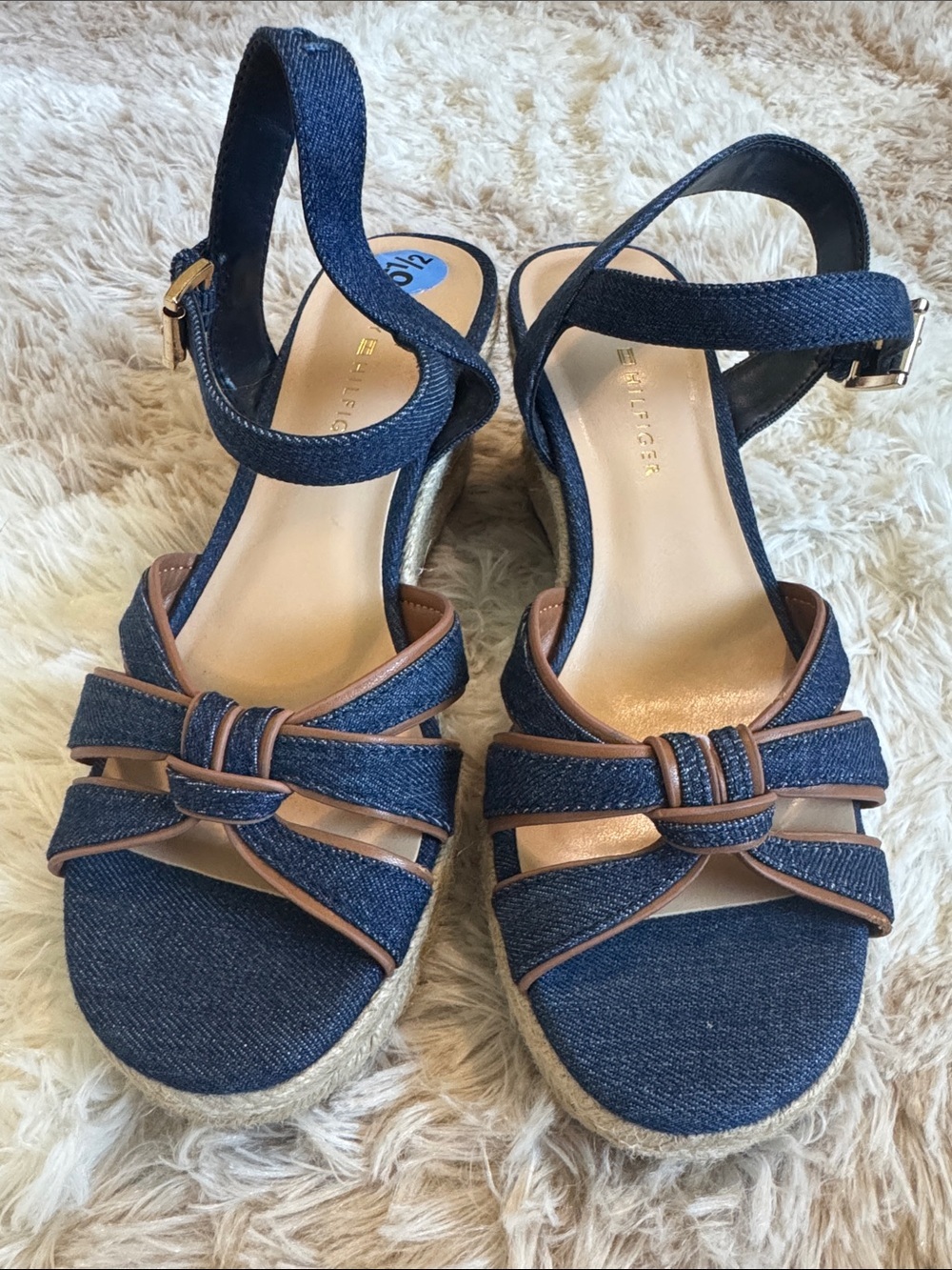 Tommy Hilfiger Navy Blue Wedge Sandals with Brown Trim